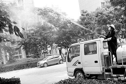 今天上午,龍澤苑西區(qū)內(nèi),物業(yè)工作人員正在給綠化帶噴灑農(nóng)藥消殺蜱蟲 攝/記者徐超 今天上午,龍澤苑西區(qū)內(nèi),物業(yè)工作人員正在給綠化帶噴灑農(nóng)藥消殺蜱蟲 攝/記者徐超