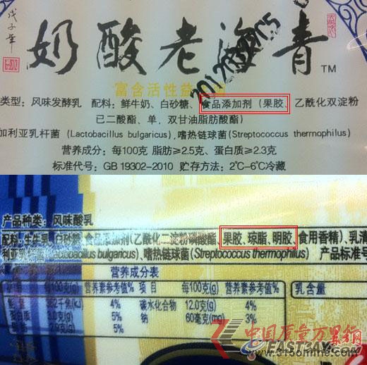 圖為部分市售老酸奶的配方表中均標(biāo)明含有明膠、果膠等增稠劑。